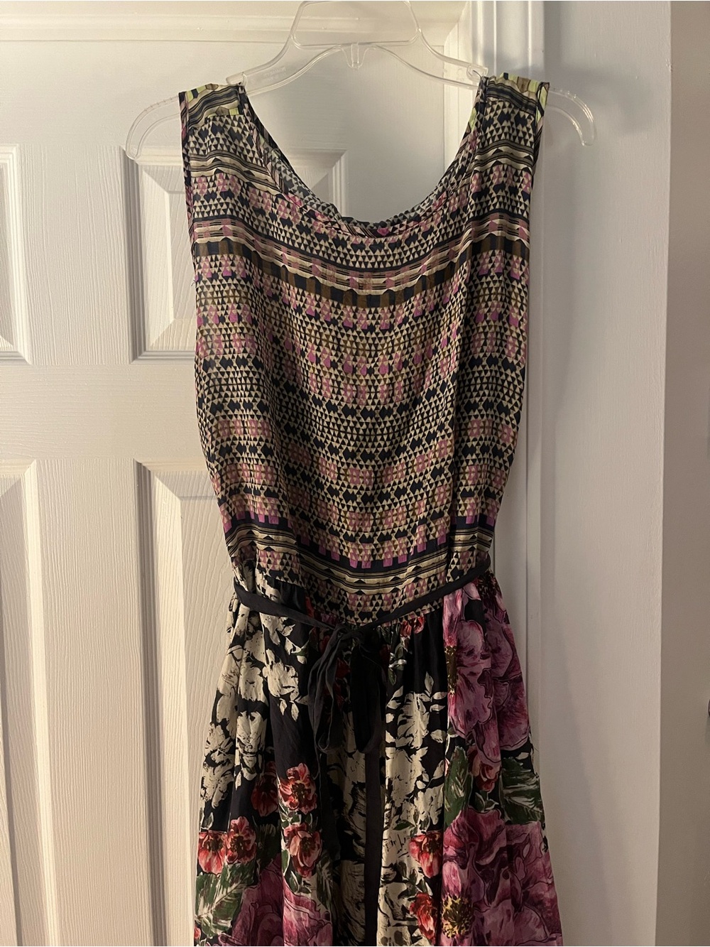 Johnny Was Floral Print 100% Silk Maxi Dress. Dark Navy and Pink w/Navy Slip.